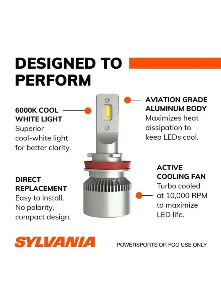 Sylvania: H11 6000K LED Powersport Headlight Bulbs for Off-Road Use (2 Pack) - Image 2 of 4