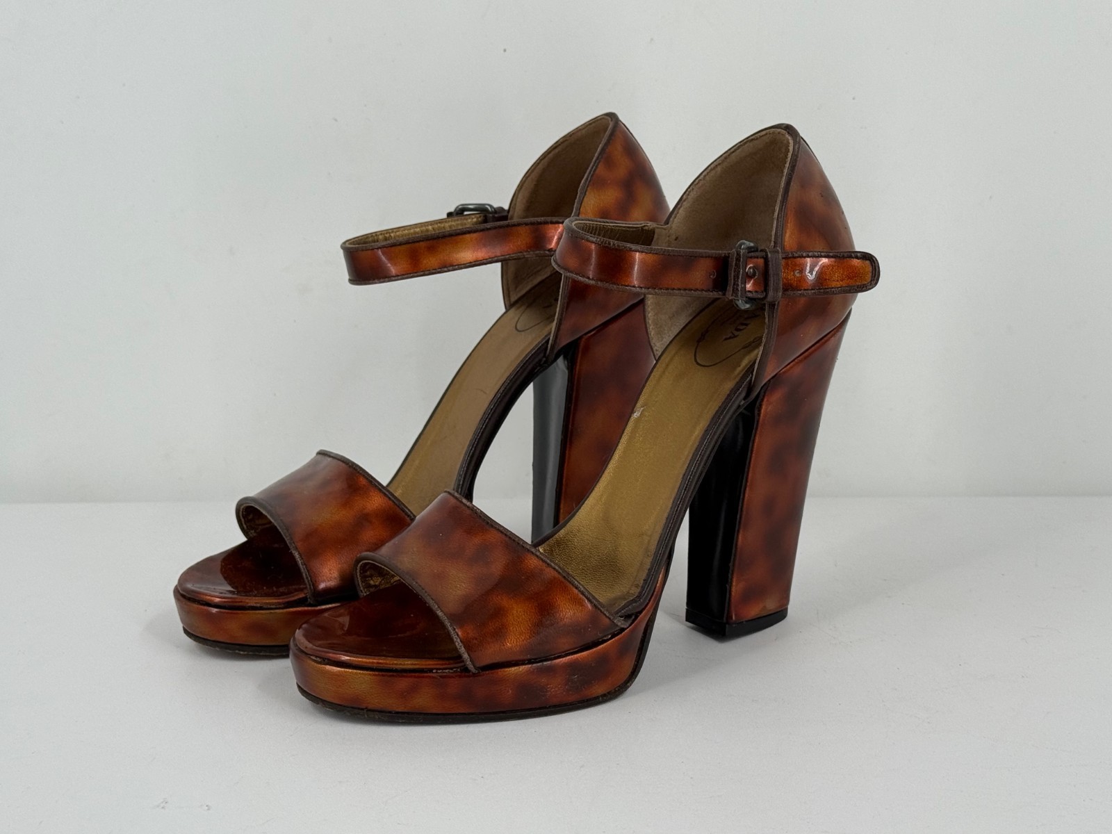 Prada Brown Tortoise Shell Leather Block Heel San… - image 2