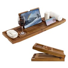 Luxury Teak Bathtub Tray - Foldable Bath Caddy with Expandable Handles, Wine ...