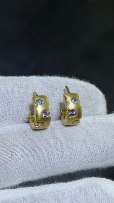 Aretes Franceses Huggie Hechos A Mano En Oro Amarillo 14k Con Aguamarina Natural