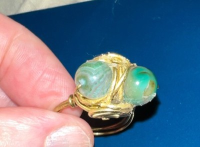 Handcrafted Wire Wrapped Brass Ring with 2 Round Green Agate Stones, Size 9.5 