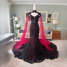 Gothic Black and Dark Red Mermaid Wedding Dresses Cape Applique Bridal Gown