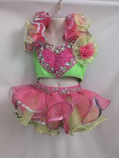 Glamour 2 Piece Dance Costume Pageant Neon Pink Green Ruffled Girls MC SC EUC