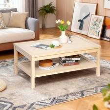 2-Tier Wood Coffee Table with Woven Rattan Shelf, Modern Farmhouse Style
