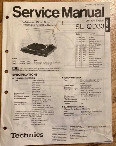 Original Technics SL-QD33 turntable service manual