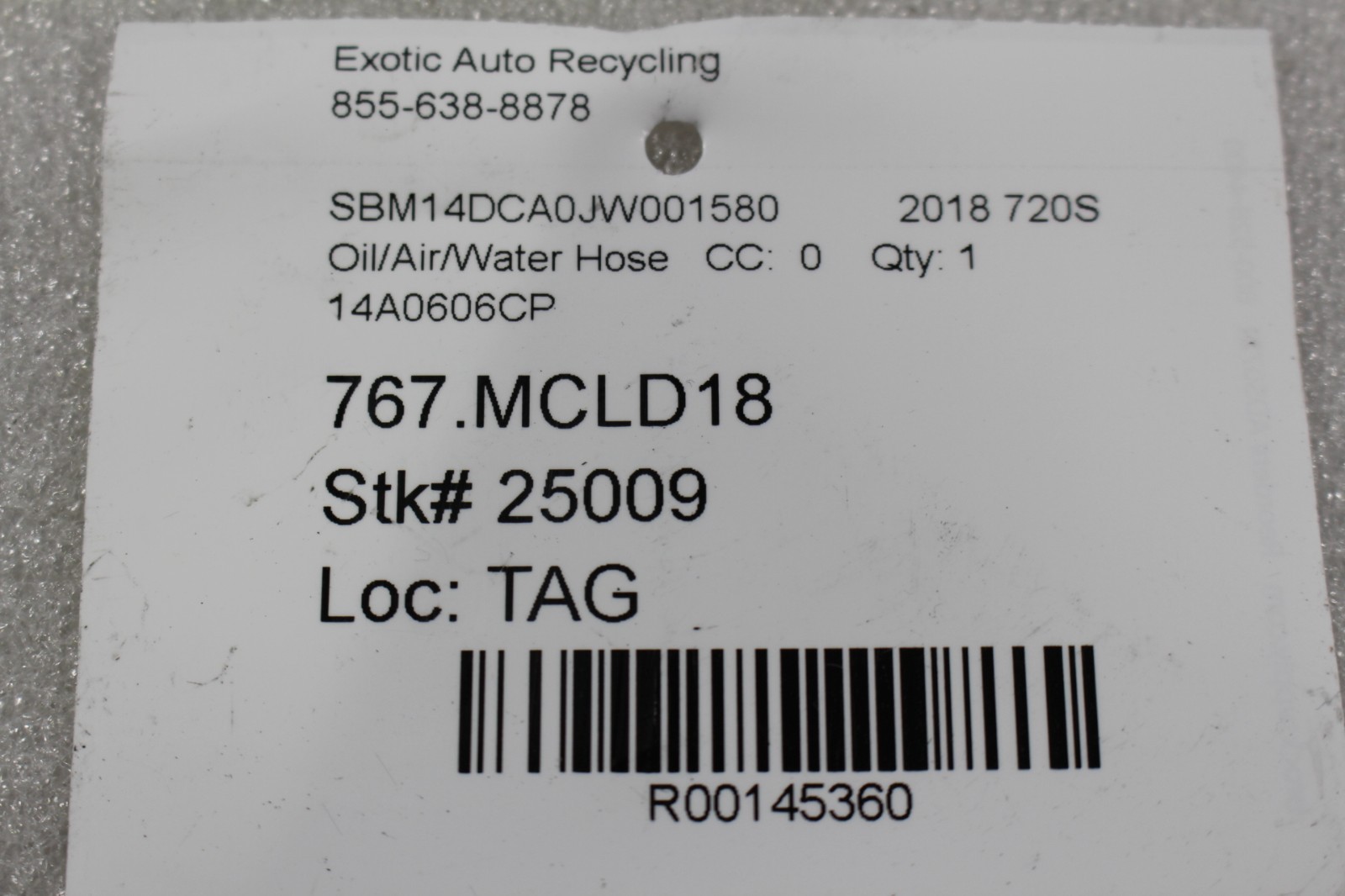 McLaren 720S, Oil Line, Used, P/N 14A0606CP