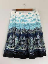 Talbots Pleated A-Line Skirt 4P Blue White Venice Print Midi Petite Cotton