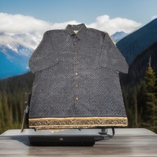 Vintage Mens L Button-Up Shirt With Geometric Blue  White Pattern