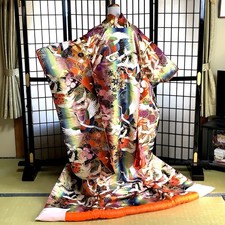 Vintage Japanese Uchikake Wedding Kimono robe Pure Silk Gold Embroidery cranes
