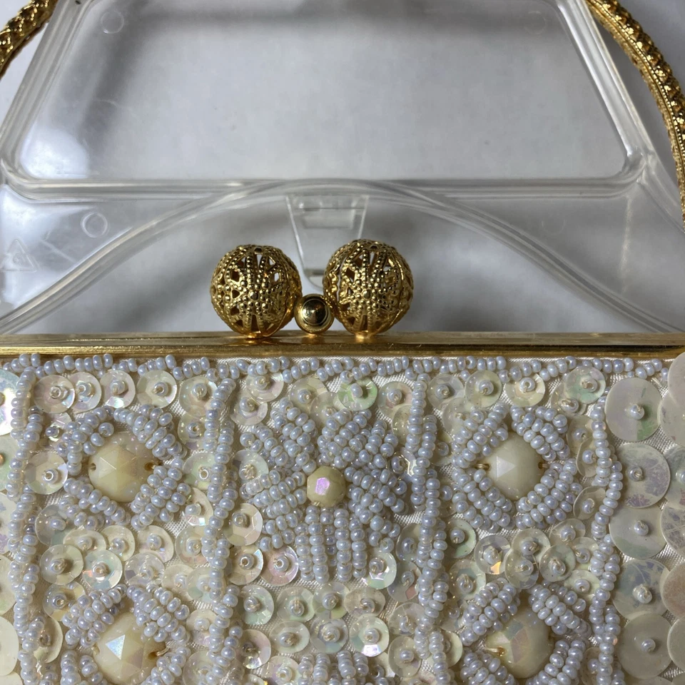 Dena Of Dallas Ivory Gold Sequin Kisslock Beaded Hand Bag Studded 1960s Evening - Image 3 of 4