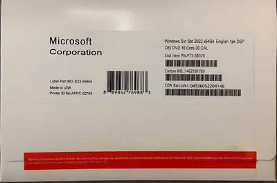 New Microsoft Windows Server 2022 Standard 16 Cores with 30 User CALs
