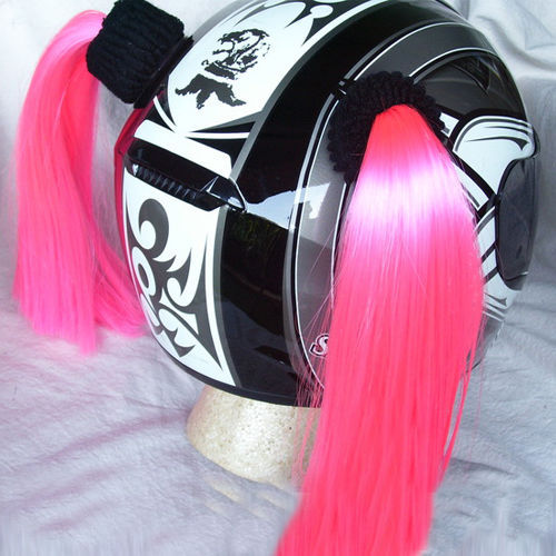 motorcycle helmet with pink pigtails