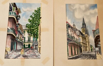 Set of 2 1960 William Collins New Orleans Original Watercolor Paintings Vibrant