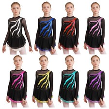 Kids Girls Shiny Leotard Figure Ice Skating Dress Long Sleeve Ballet Dancewear