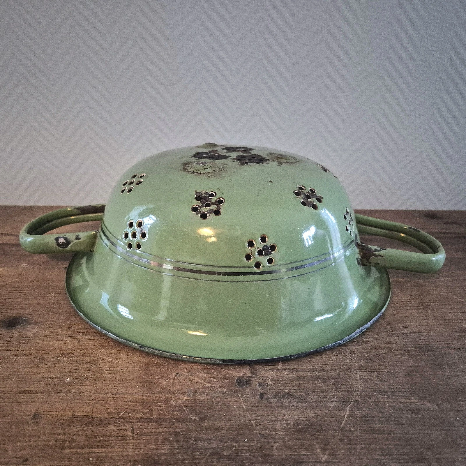 VINTAGE Dutch COLANDER Enamel Reseda Green Enamelware Graniteware