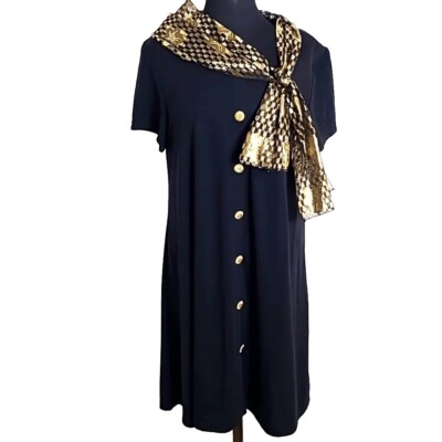 black dress with gold buttons down the front Command the Room Black Velvet Scalloped Button Front Mini Dress main image 0