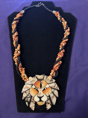 Vintage Lee Sands Inlaid Sponge Coral Lion Face Inlay Chunky Necklace