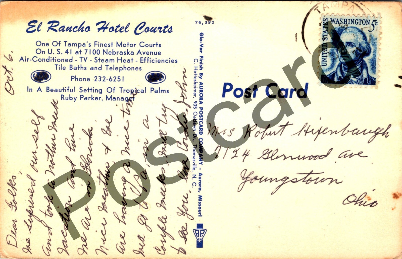 c1960's TAMPA FL, El Rancho Hotel Courts, Ruby Parker, Manager, postcard jj191 thumbnail 2