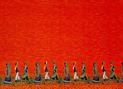 VINTAGE AUTHENTIC AFRICAN ART EMBROIDERY ORANGE PURPLE COTTON PAREO BEACH SCARF