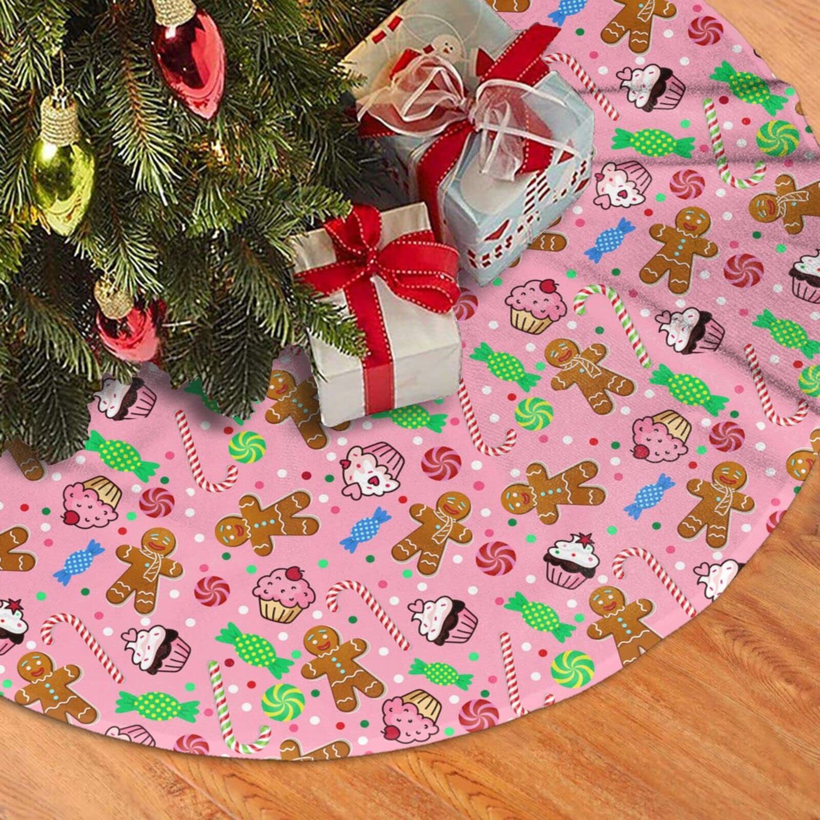 Cute Gingerbread Candy Christmas Tree Skirt 36 Inches Pink Santa Tree Skirts ...