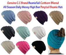 NEW! CC BeanieTail COTTON Blend All Season Messy High Bun Ponytail Beanie Hat