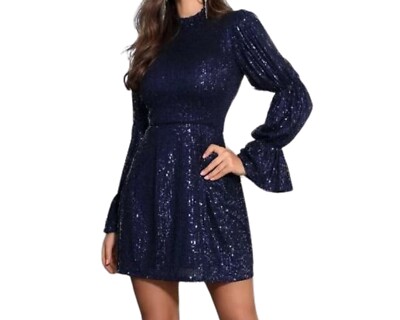 navy fitted dress with sleeves Fitted Navy Gown with Puff Sleeves 48111