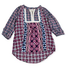 Crown & Ivy Multicolor Elephant Womens Blouse Shirt Petite Size PP 3/4 Sleeves