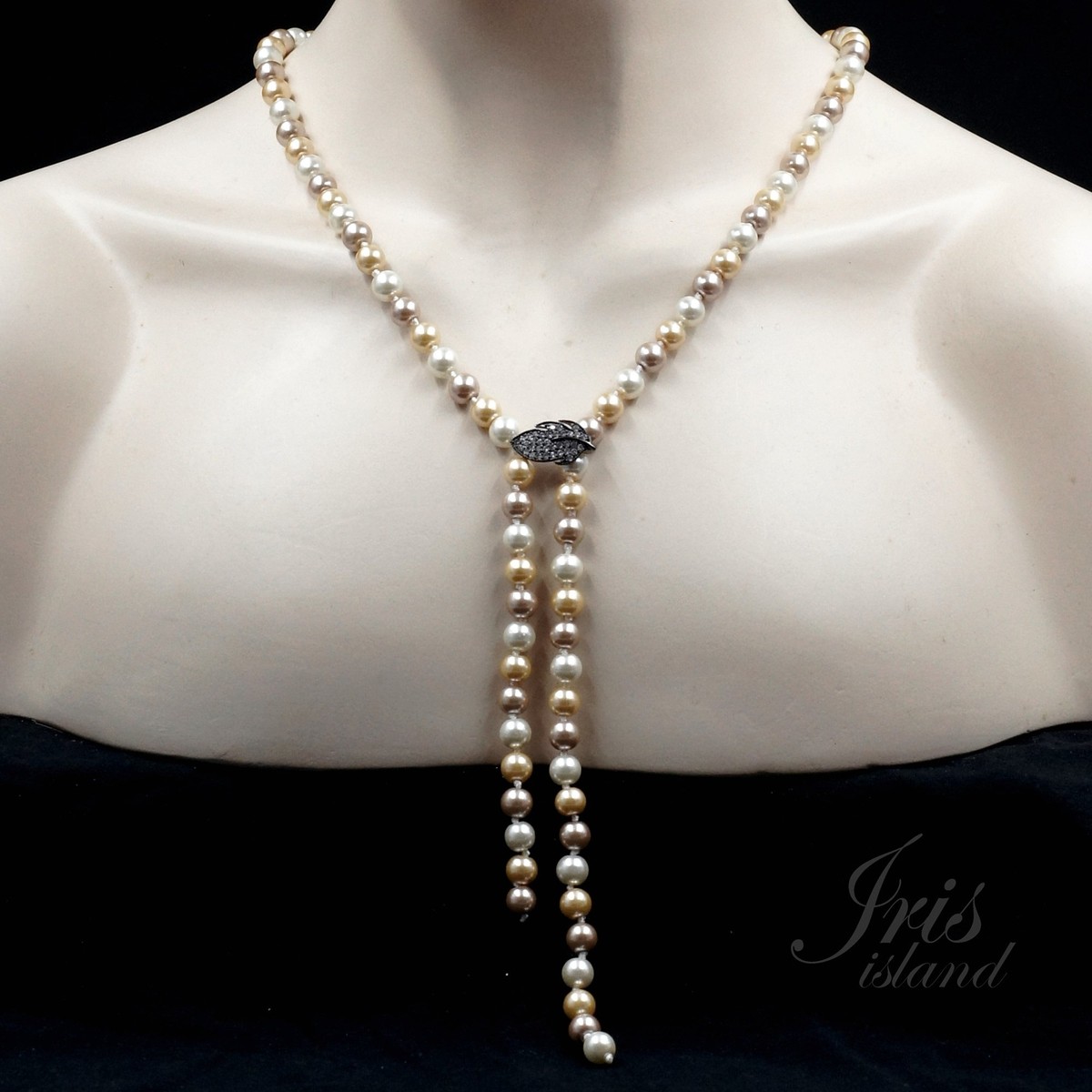 Women Rose gold Multicolor Pearl Lariat Adjustable Necklace CZ