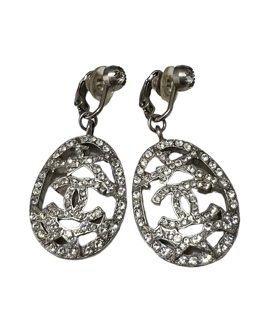 Chanel 2000 Silver CC Logo Crystal Clip Earrings UK