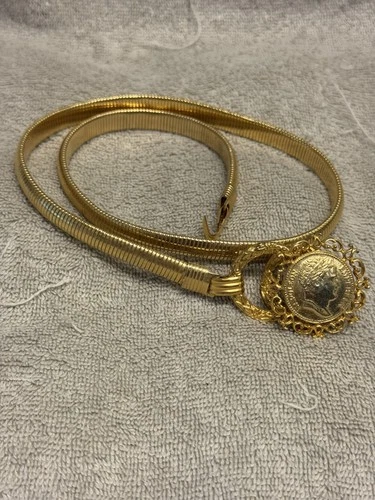 Vintage 1970s Liberty Coin Thin Gold Tone Stretch Snake Belt 30" Gold tone