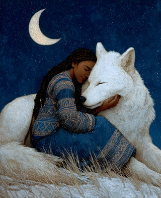 8x10 Woman Hugging a White Wolf Art Print - 185612367