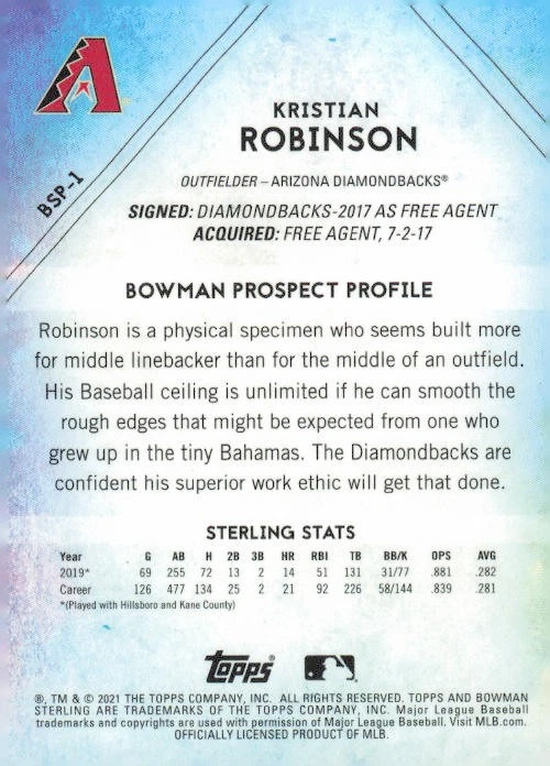 2021 Bowman Sterling #BSP-1 Kristian Robinson - Image 2 of 2