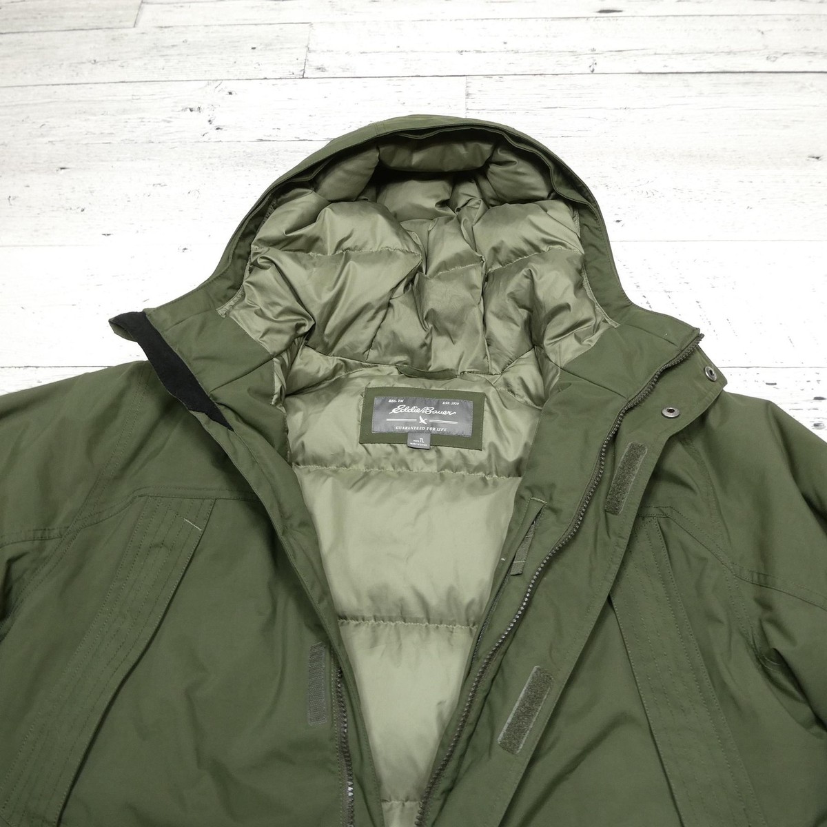 Eddie Bauer WeatherEdge Coat Mens LT Green Down Parka Hooded