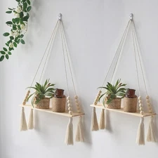 2 Pack Wooden Wall Hanging Shelves - Macrame Hanging Plant Shelf with Tassel,...