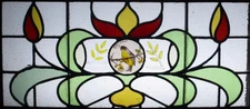 LARGE VICTORIAN OLD ENGLISH LEADED STAINED GLASS TRANSOM WINDOW 36" X 14.25"