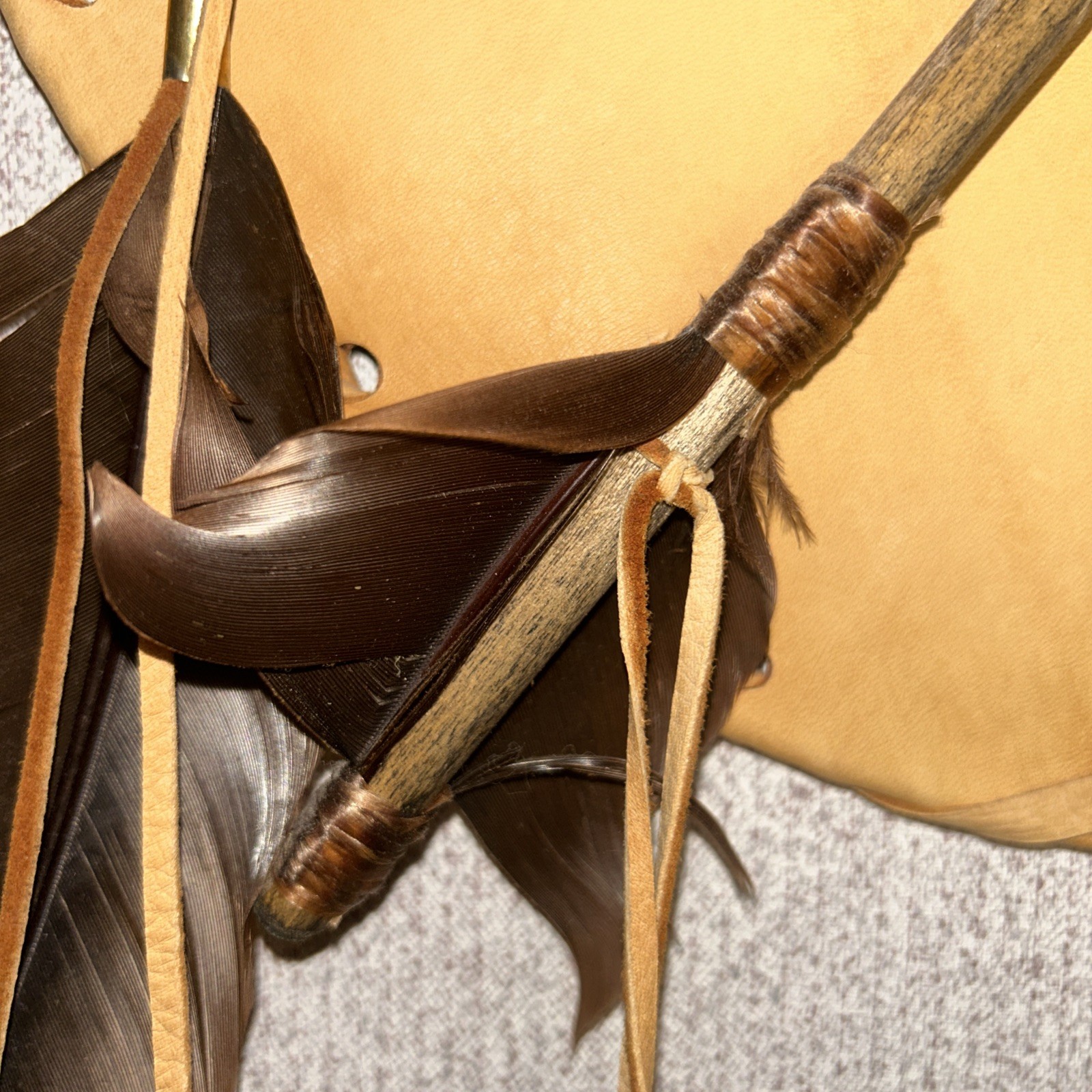 14" dia Tan Leather Medicine Man Shield w/ 2 Arrows & Medicine Bag Used