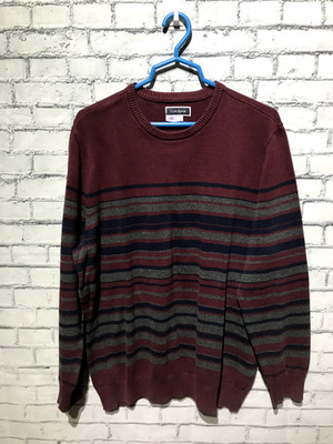 Club Roon, Men XL Dark Red Striped 100% Cotton Long Sleeve Pullover Knit Sweater