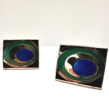 Vintage 80s Gold Tone Cufflinks Blue Green Enamel Peacock Eye Abstract Jewelry