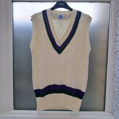 Vintage 1970er KF Strickwaren handgerahmt Wimbledon Tennis Streifen Herren 38'' M