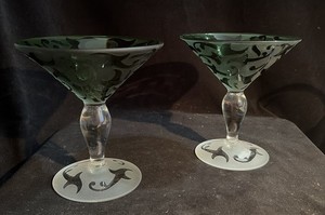 Pair Michael Weems  Elise martini glasses etched emerald green