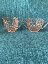 Vintage Jeanette Pink Depression Glass Creamer & Sugar Set  Cubist Pattern
