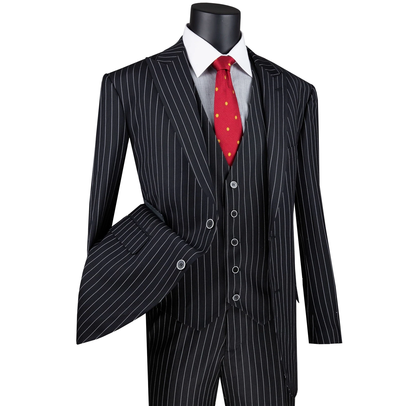 VINCI Men's Black Chalk Stripe 3 Piece Regular Fit Suit - NEW