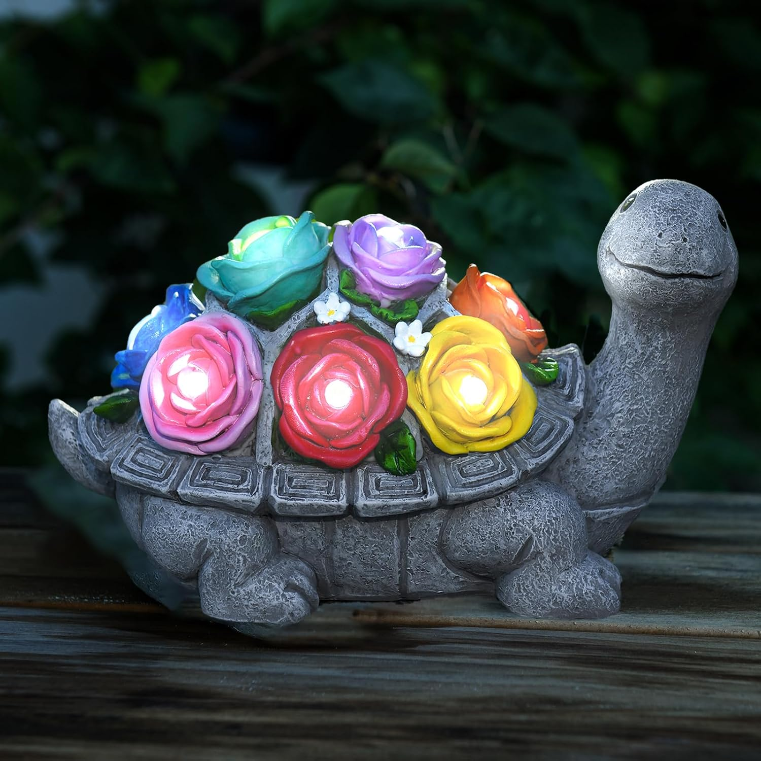 Solar Garden Decor Turtle with Rose and 7 LED Lights - Outdoor Decor Tortoise St
