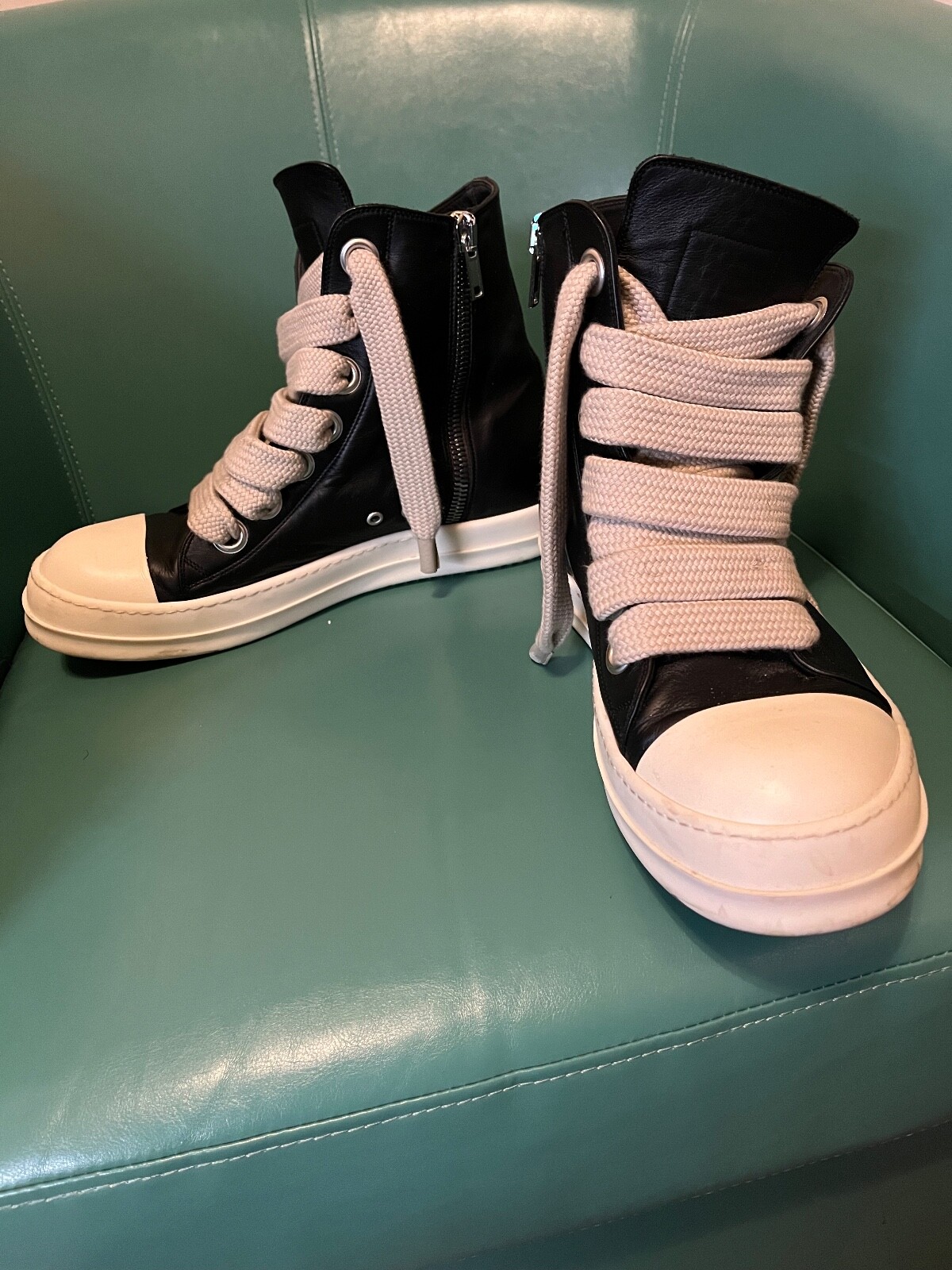 Rick Owens DRKSHDW Black Leather Jumbo Lace High Top Sneakers US12