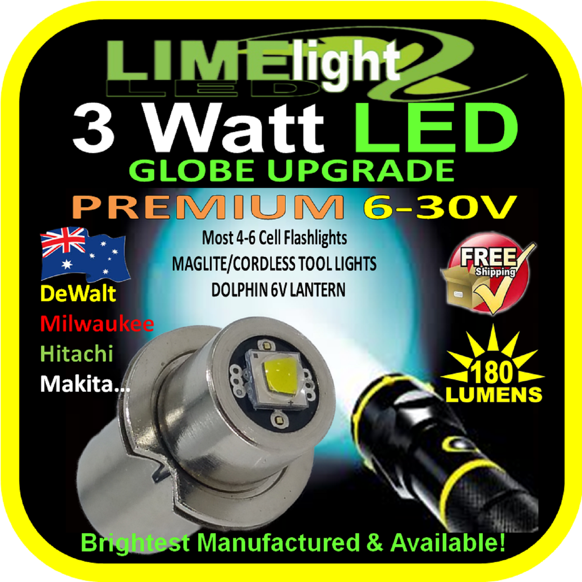 LED UPGRADE MAGLITE DOLPHIN TOOL LIGHT 6-30V 3W BULB GLOBE