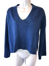DEREK LAM Sweater Womens Military Blue 100% Cotton Pullover V-Neck Crop Medium