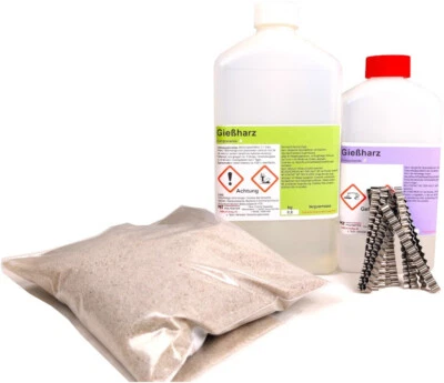 M+T POLYESTER Reparatur Gießharz Verfüllharz 1,2 kg + 20 Estrichklammern + 500g Quarzsand