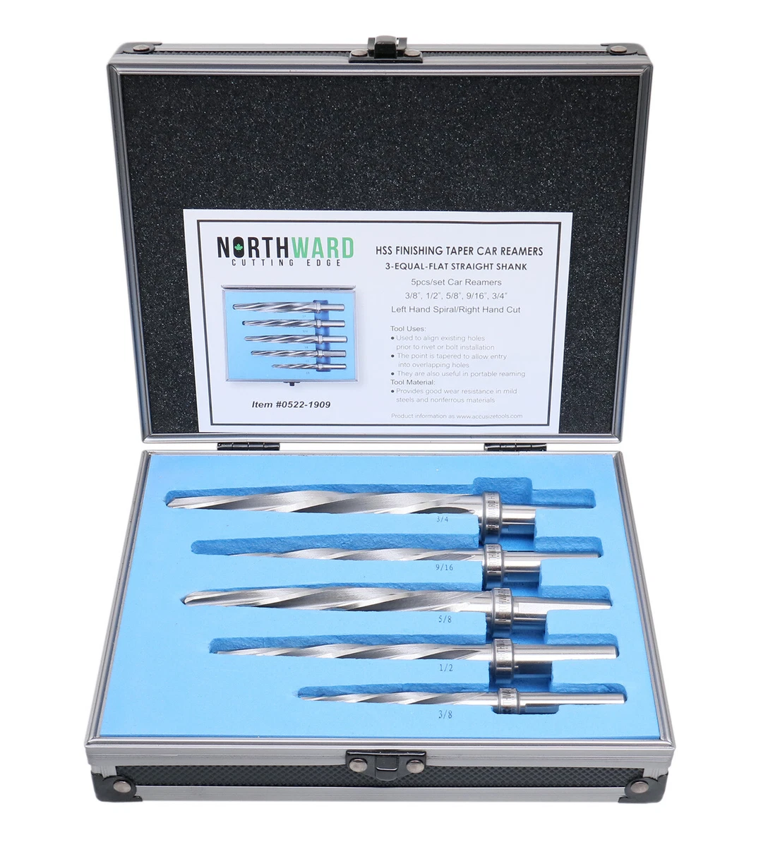 5 Pc H.S.S. Standard Spiral Flute Super Premium Car Reamer Set 3 8