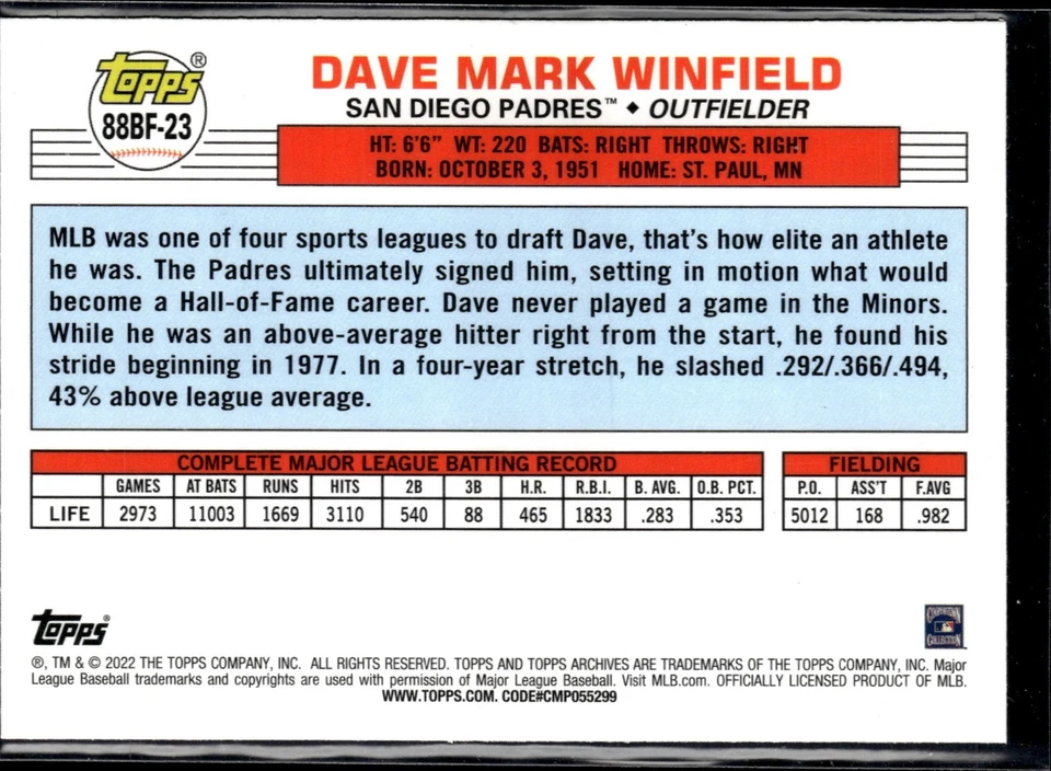 2022 Topps Archives 88 Big Foil #88BF-23 Dave Winfield San Diego Padres HOF - Image 2 of 2