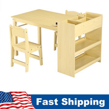 Kids Art Table+2Chairs Craft Table w/ Storage Shelves Wood Toddler Drawing Desk